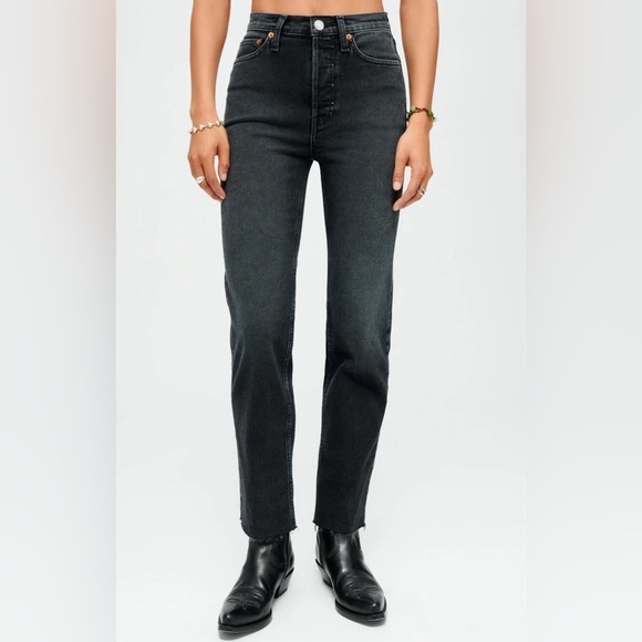 RE/DONE Revolve Denim High Rise Stove Pipe Faded Black Raw Hem Size 28 Redone - Picture 1 of 14
